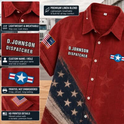 Red linen shirt with US flag patch and custom name D. Johnson Dispatcher.