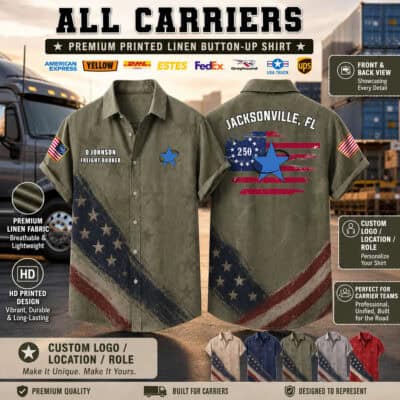 US carriers flag linen shirt with Jacksonville FL and American flag details.