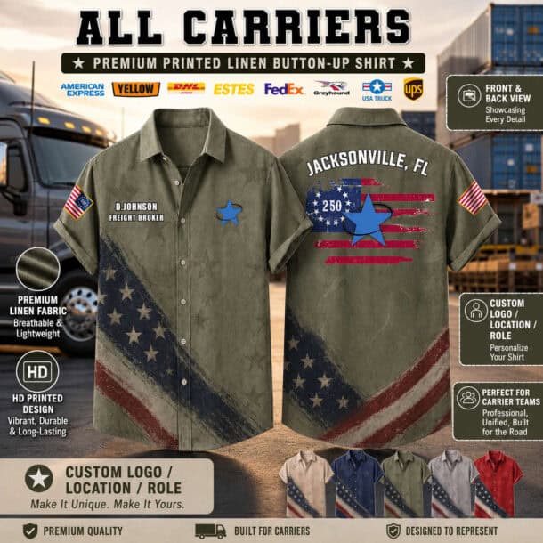 US carriers flag linen shirt with Jacksonville FL and American flag details.