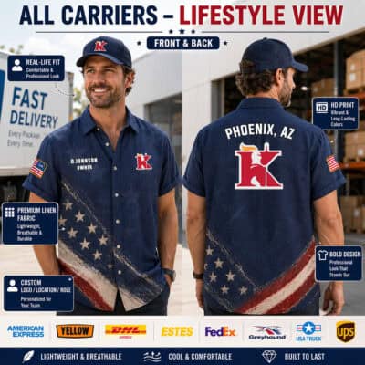 Men's navy blue linen button-up shirt with US carrier logos and American flag accents.
