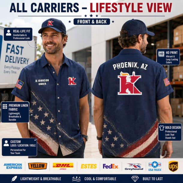 Men's navy blue linen button-up shirt with US carrier logos and American flag accents.