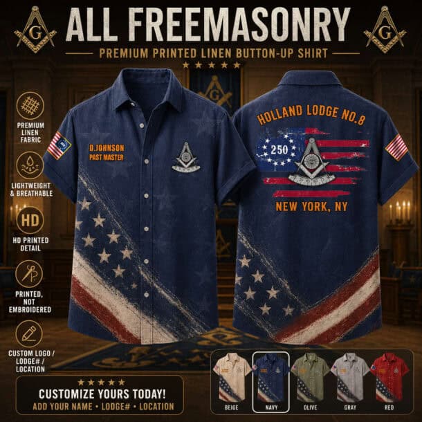 Custom US Freemasonry flag linen shirt with detailed embroidery and patriotic design.