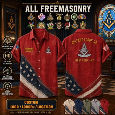 Red linen shirt with Masonic symbols and American flag design for Freemasonry members.