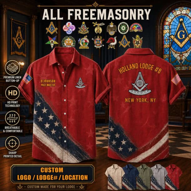 Red linen shirt with Masonic symbols and American flag design for Freemasonry members.