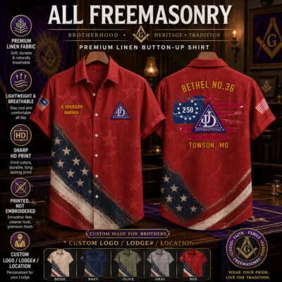 Custom Freemasonry flag design on linen button-up shirt for brothers and members.