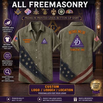 Custom US Freemasonry linen button-up shirt with American flag design and Masonic symbols.