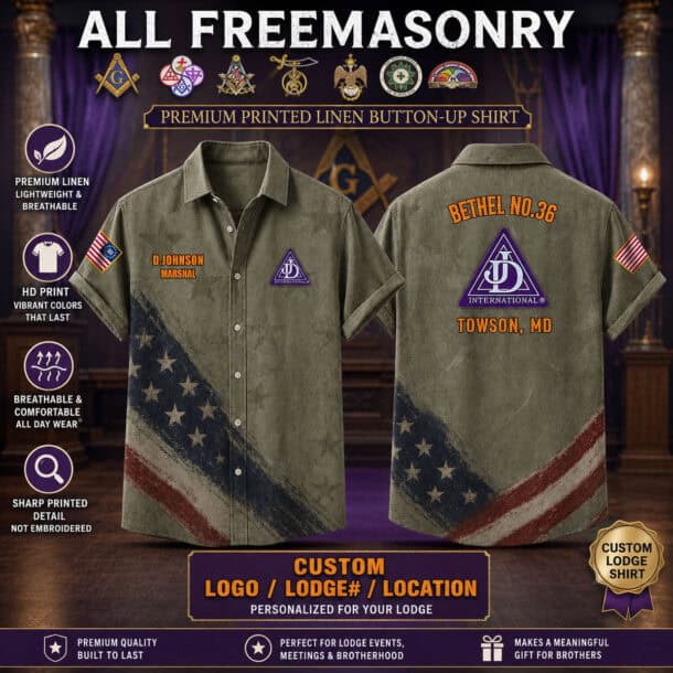 Custom US Freemasonry linen button-up shirt with American flag design and Masonic symbols.