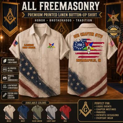 Freemasonry-themed linen button-up shirt with patriotic design and patches.
