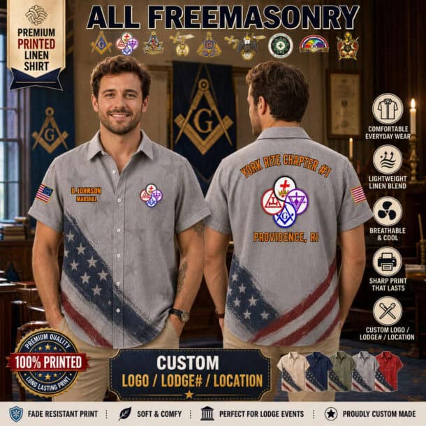 Men wearing custom US Freemasonry linen shirts with American flag design.