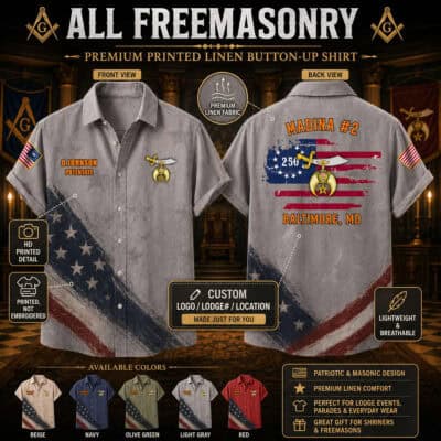 Freemasonry-themed linen shirt with patriotic American flag design and Masonic symbols.