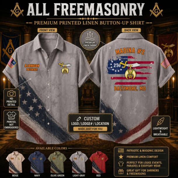 Freemasonry-themed linen shirt with patriotic American flag design and Masonic symbols.
