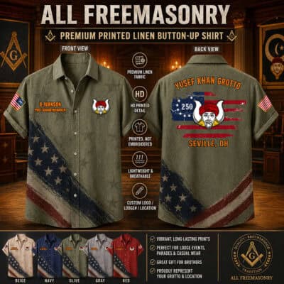 Custom US Freemasonry flag linen shirt with embroidered logo and patriotic design.