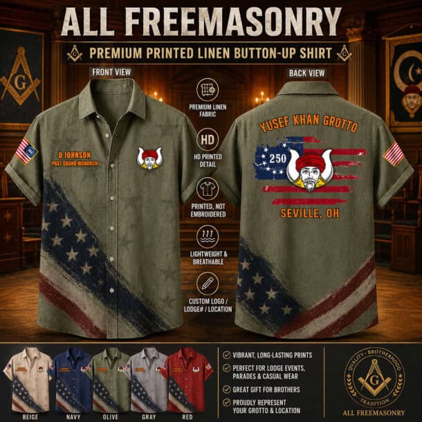 Custom US Freemasonry flag linen shirt with embroidered logo and patriotic design.
