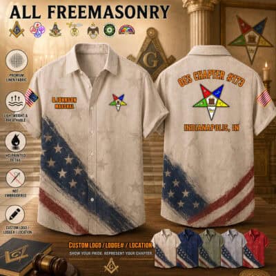 Freemasonry-themed linen shirt with American flag design and chapter insignia.