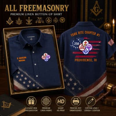 Freemasonry flag design linen shirt with US flag and Masonic symbols.