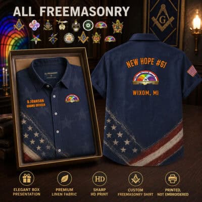 Freemasonry-themed linen button-up shirt with patriotic design and embroidery.