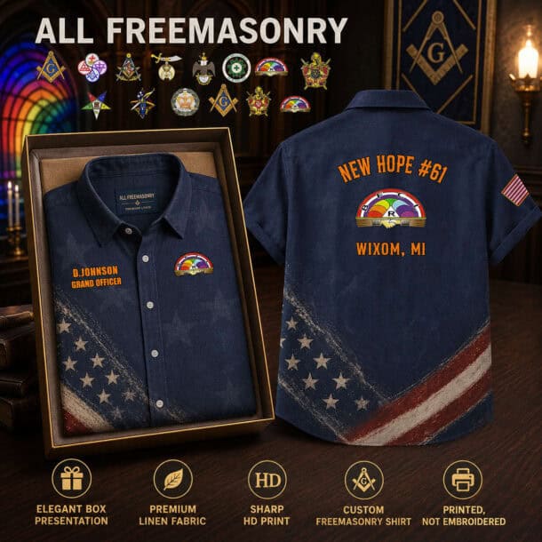 Freemasonry-themed linen button-up shirt with patriotic design and embroidery.