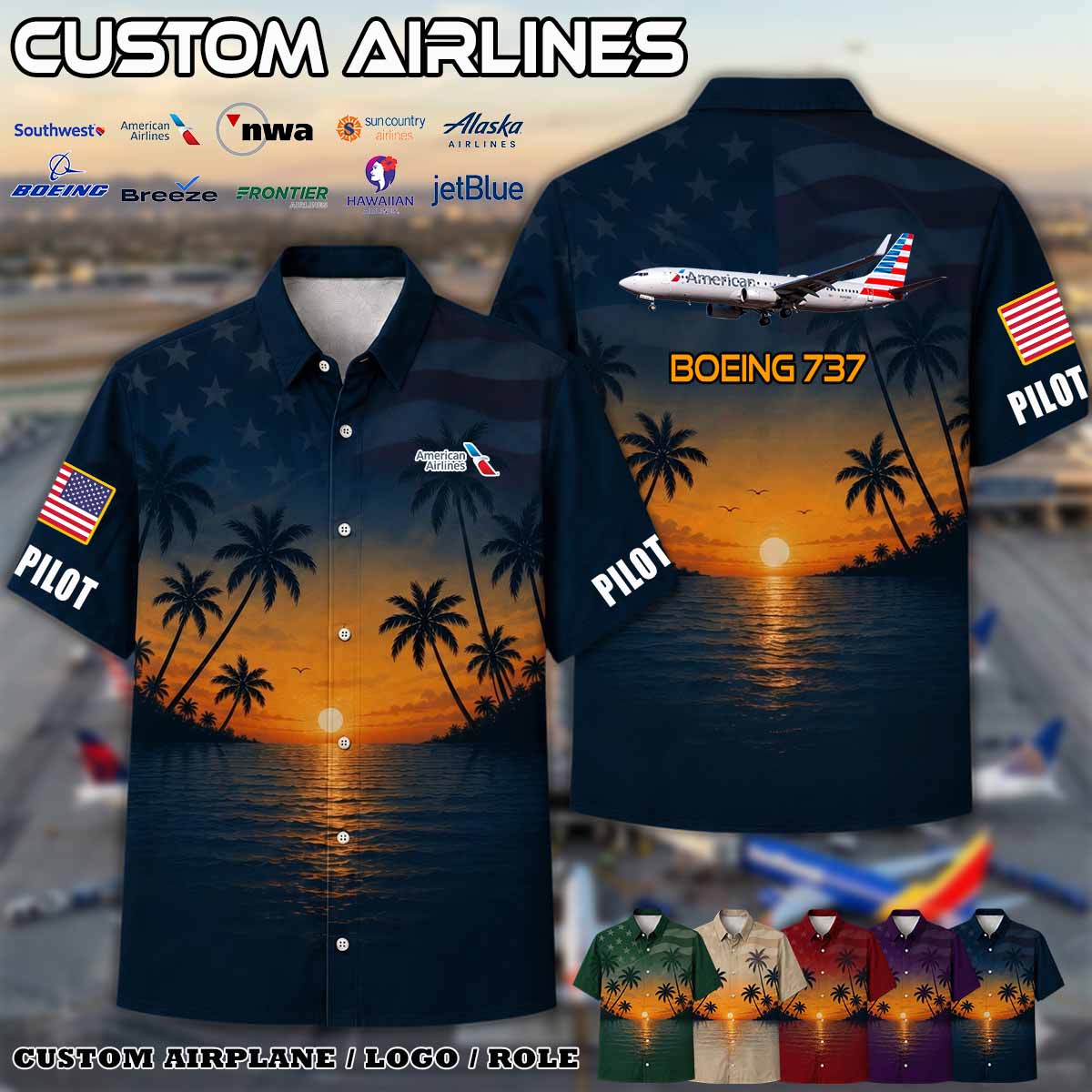 Custom US Airlines_V2 Sunset Linen Button-Up Shirt
