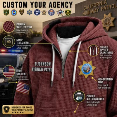High-quality law enforcement hoodie with US flag and badge print.