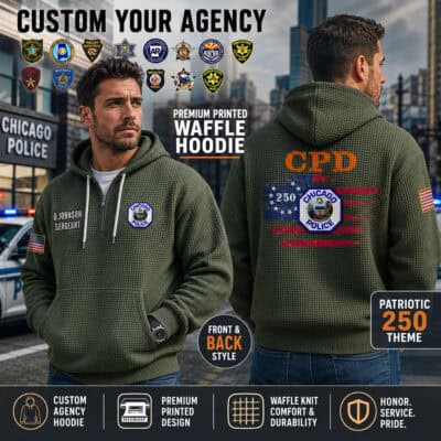 Police-themed waffle hoodie with US flag and badge design for law enforcement.
