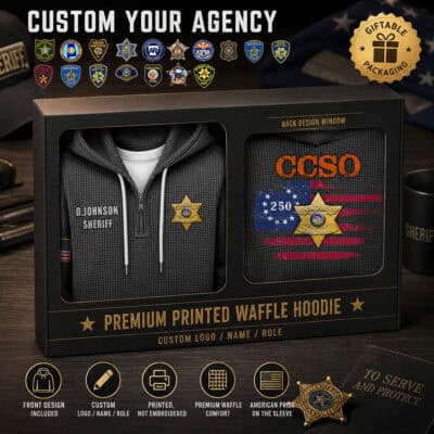 US law enforcement flag hoodie with custom badge and logo for police officers.