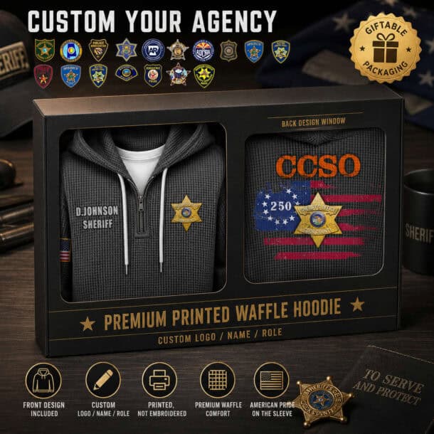 US law enforcement flag hoodie with custom badge and logo for police officers.
