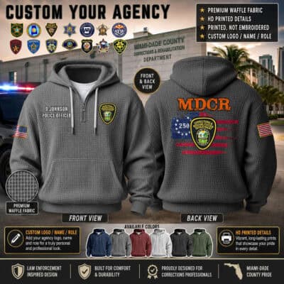 Law enforcement hoodie with US flag and badge design for police officers.