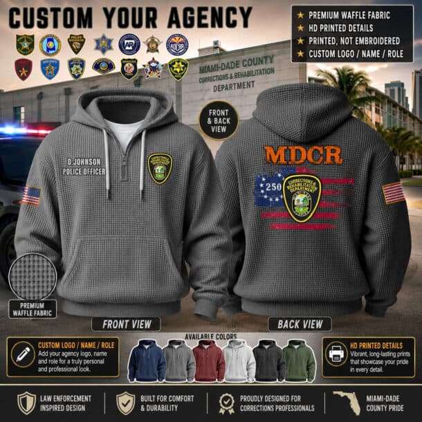 Law enforcement hoodie with US flag and badge design for police officers.