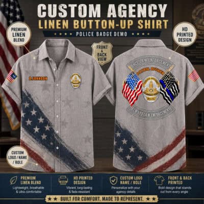 Linen police shirt with US flag and law enforcement badge design.