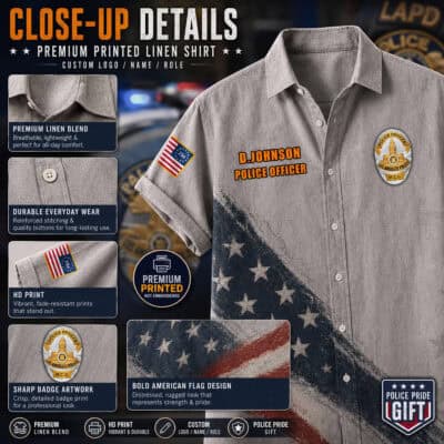 US law enforcement flag linen shirt with badge and American flag patch.