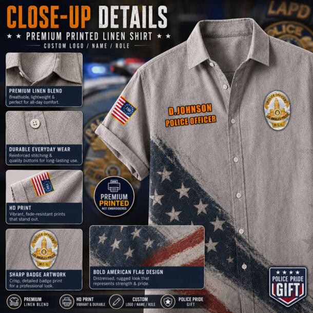 US law enforcement flag linen shirt with badge and American flag patch.