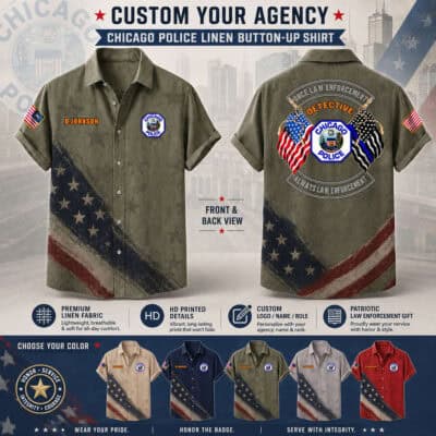 Custom Chicago Police linen shirt with badges and patriotic design.