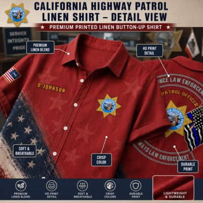 Red California Highway Patrol linen shirt with patches and detailed embroidery.