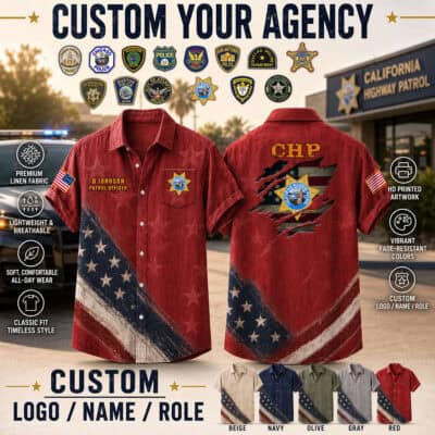 Red linen shirt with US law enforcement badge and flag design for custom agency apparel.