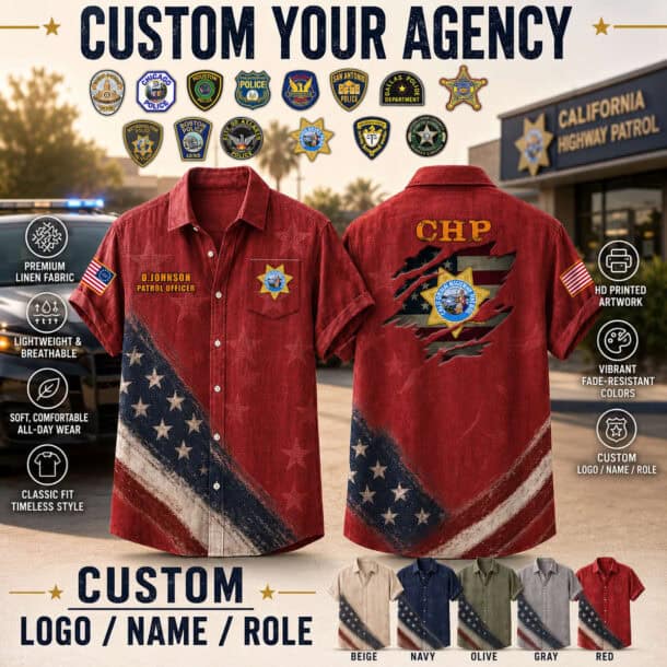 Red linen shirt with US law enforcement badge and flag design for custom agency apparel.