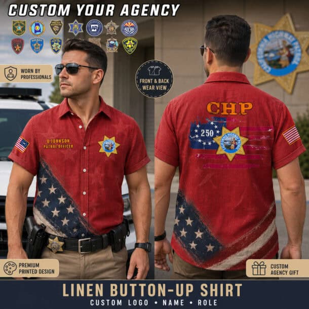 Linen button-up shirt with US law enforcement flag design for police officers.