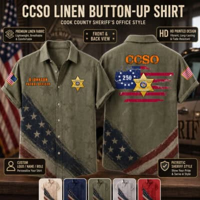 US law enforcement flag linen shirt with patriotic design and custom badge.