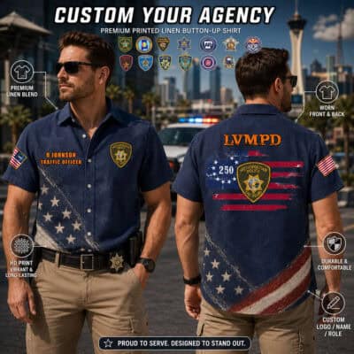 US law enforcement flag linen button-up shirt for police officers and supporters.
