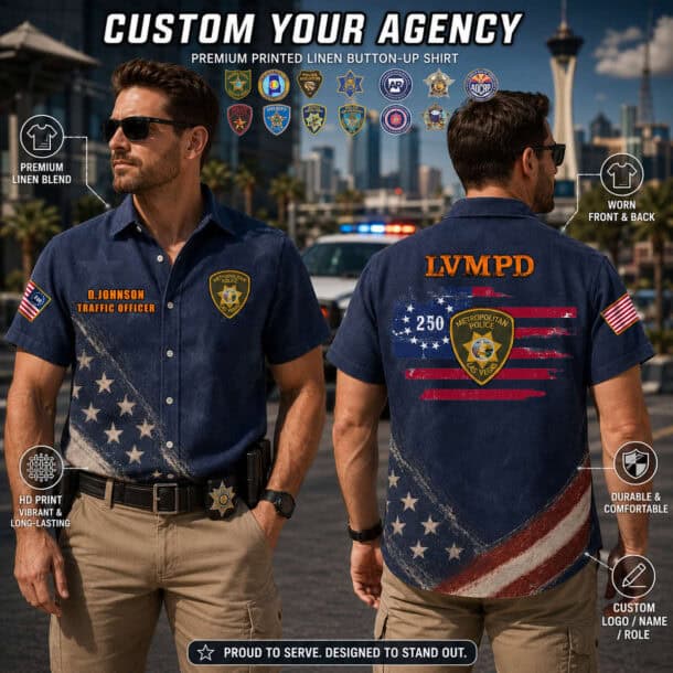 US law enforcement flag linen button-up shirt for police officers and supporters.