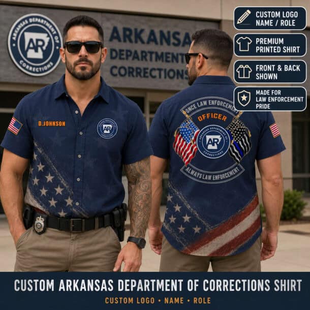 Law enforcement dual flag linen button-up shirt with Arkansas and US flags.