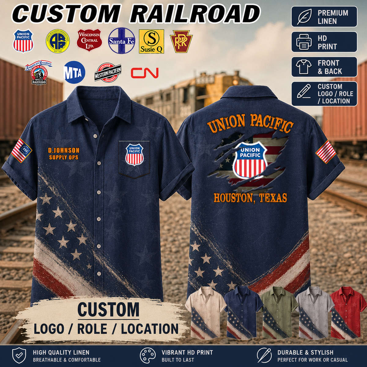 Custom US Railroad_V3 Flag Linen Button-Up Shirt