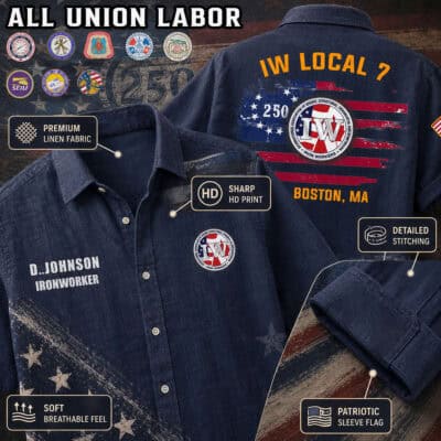 Custom linen button-up shirt with union labor flag and patriotic design.