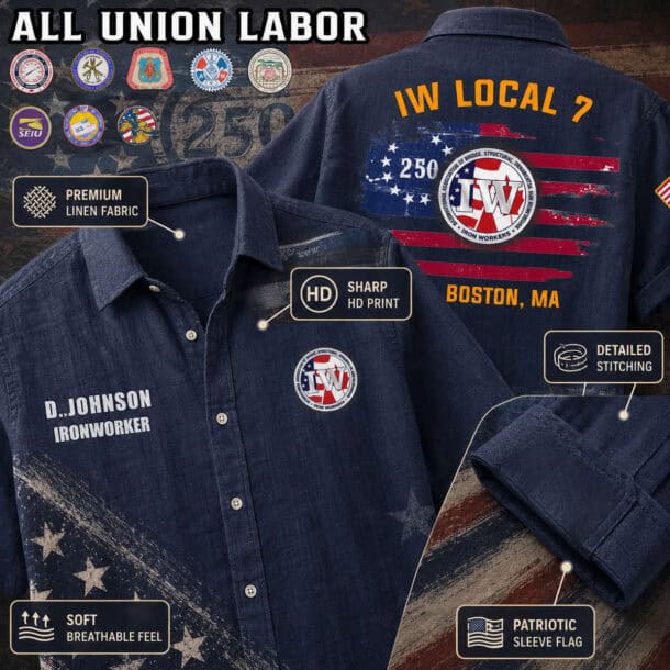 Custom linen button-up shirt with union labor flag and patriotic design.
