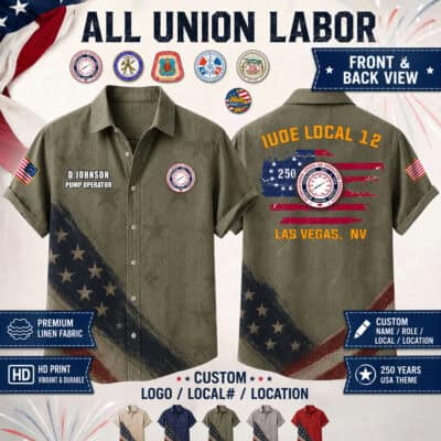 Custom linen shirt with USA flag and union labor theme for work or casual wear.