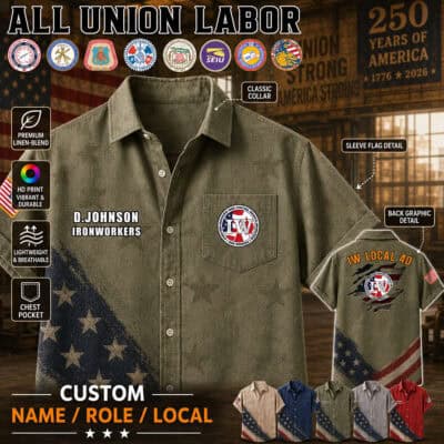 Union labor flag linen button-up shirt with sleeve flag detail and chest pocket.