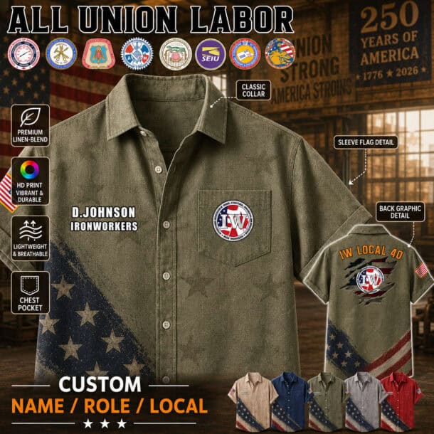 Union labor flag linen button-up shirt with sleeve flag detail and chest pocket.