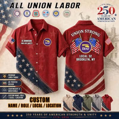 Red linen shirt with union logos and American flag design for labor unity.