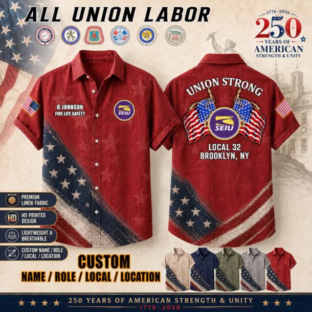Red linen shirt with union logos and American flag design for labor unity.
