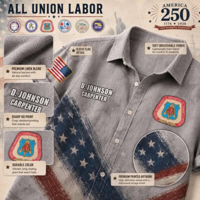 Gray linen shirt with union labor patches and patriotic artwork for workers' pride.