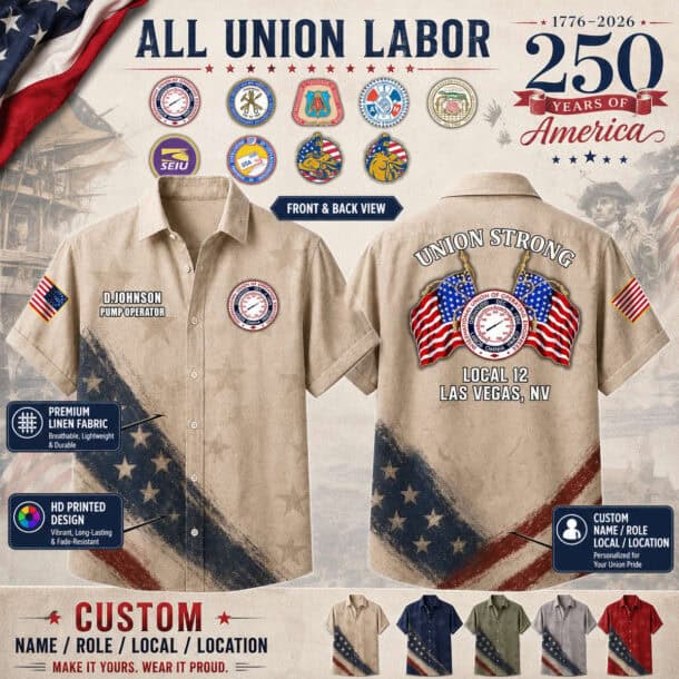 Custom union strong dual flag linen button-up shirt with union patches and American flag design.